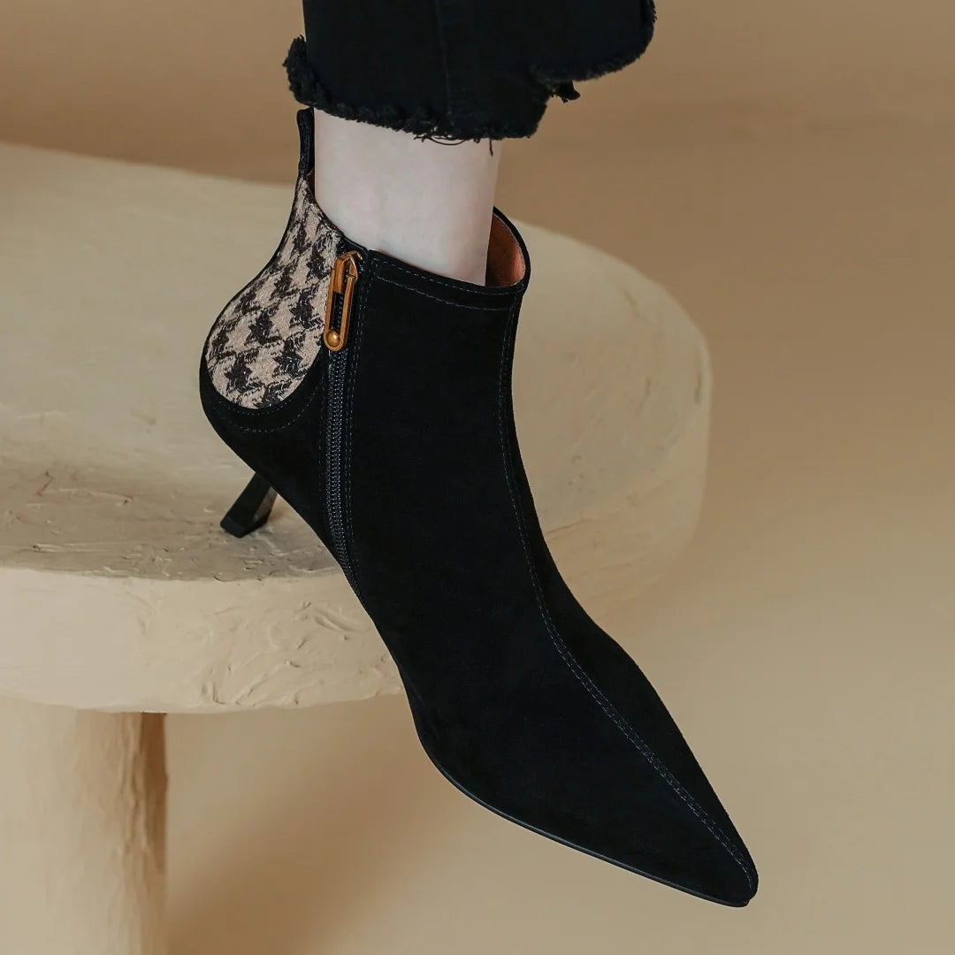 Elegant natural suede leather fabric patchwork side zip ankle thin high heel pointed toe short boots