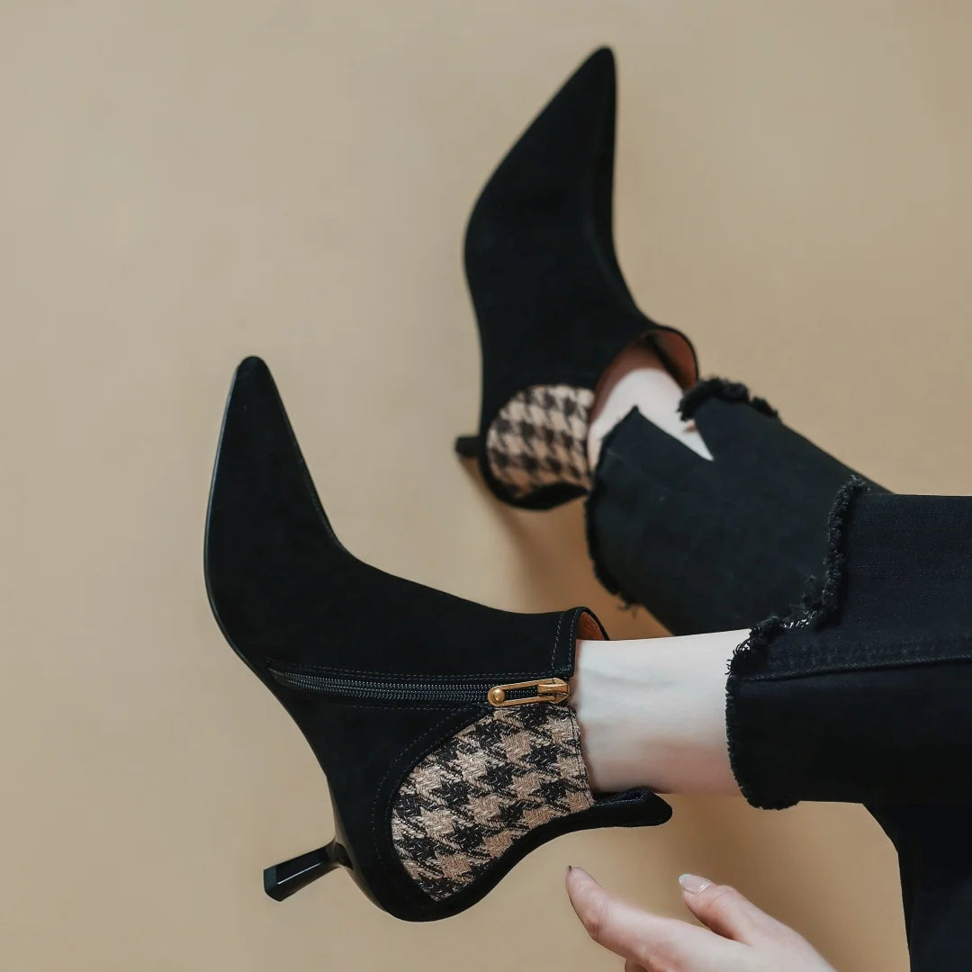 Elegant natural suede leather fabric patchwork side zip ankle thin high heel pointed toe short boots