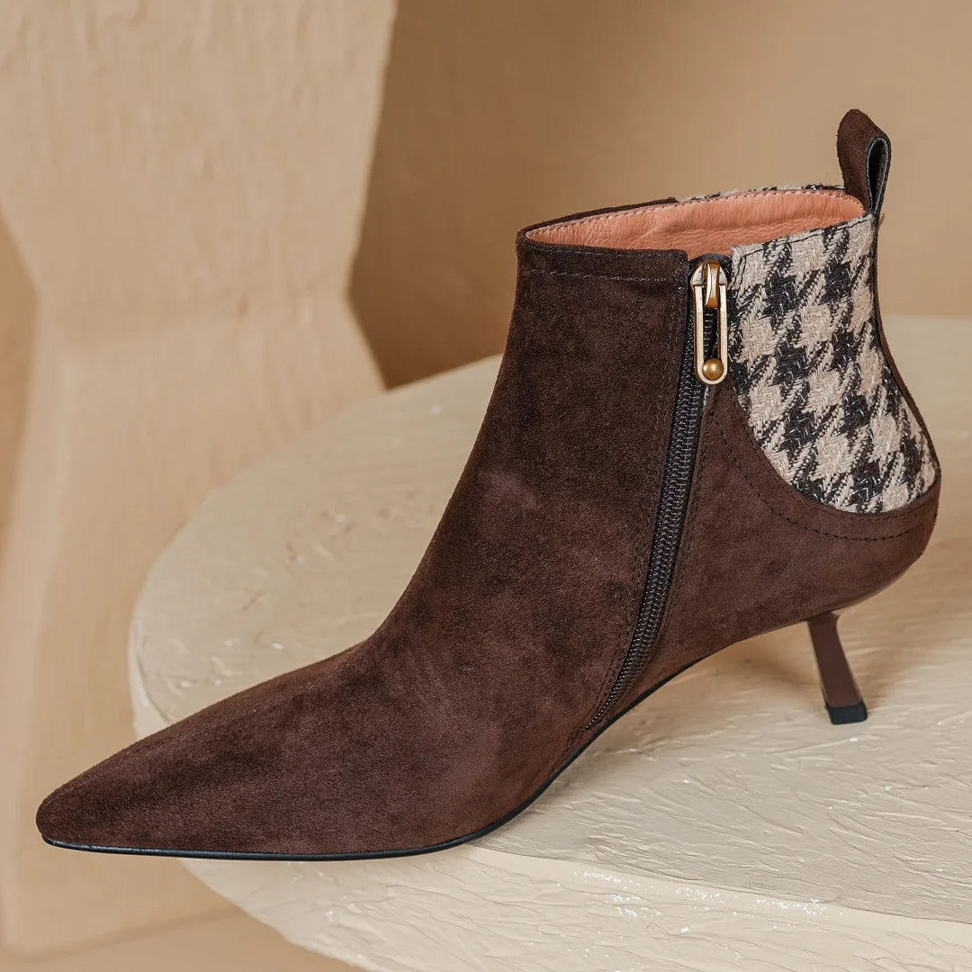 Elegant natural suede leather fabric patchwork side zip ankle thin high heel pointed toe short boots