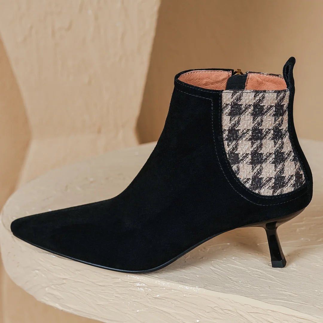 Elegant natural suede leather fabric patchwork side zip ankle thin high heel pointed toe short boots