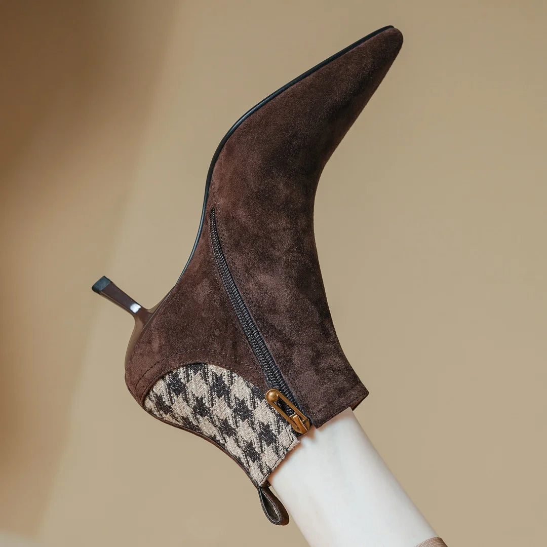 Elegant natural suede leather fabric patchwork side zip ankle thin high heel pointed toe short boots