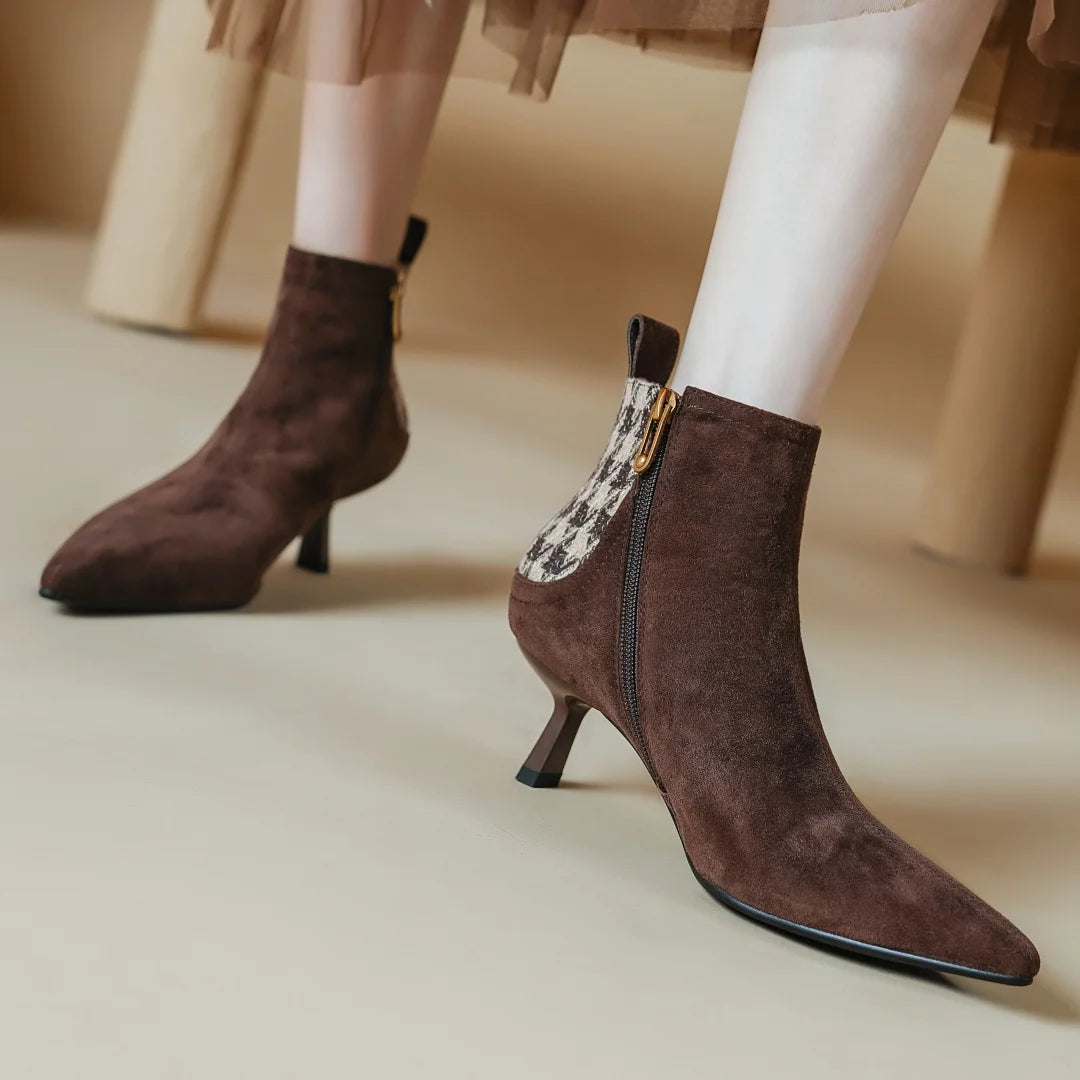 Elegant natural suede leather fabric patchwork side zip ankle thin high heel pointed toe short boots