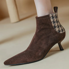 Elegant natural suede leather fabric patchwork side zip ankle thin high heel pointed toe short boots