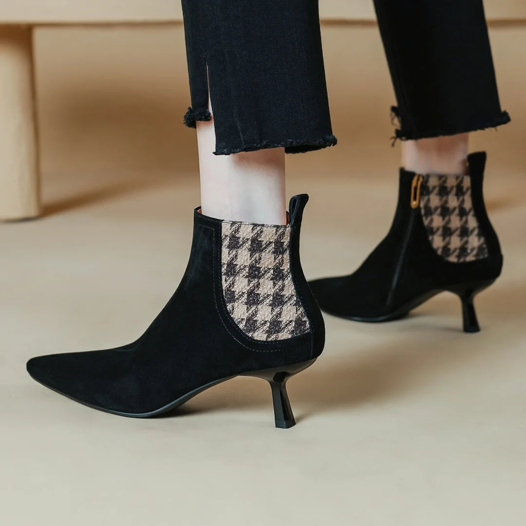 Elegant natural suede leather fabric patchwork side zip ankle thin high heel pointed toe short boots