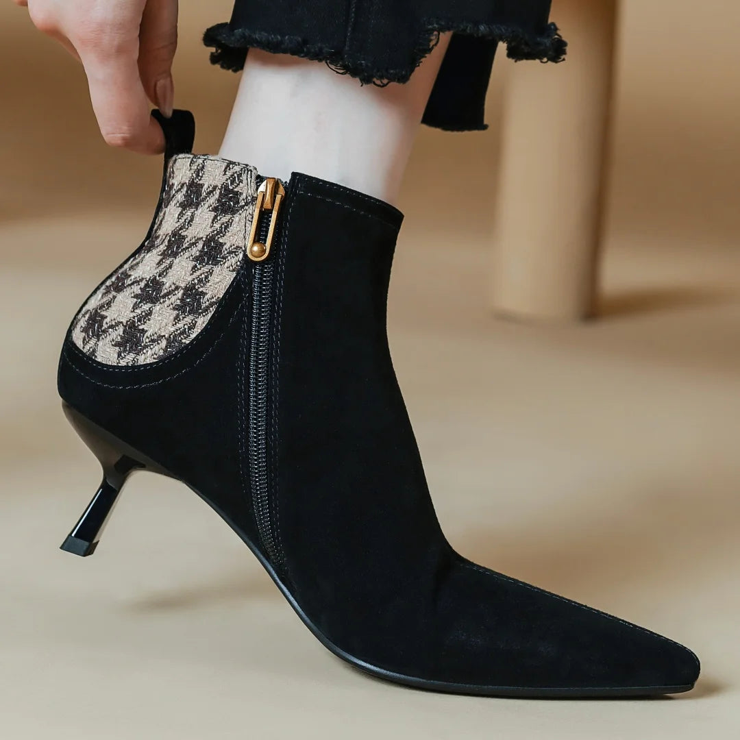 Elegant natural suede leather fabric patchwork side zip ankle thin high heel pointed toe short boots