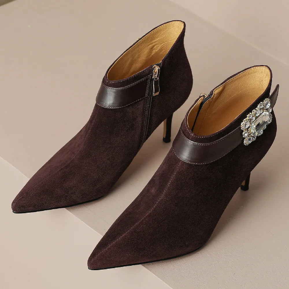 Elegant natural suede leather pointed toe side zip crystal buckle short ankle boots