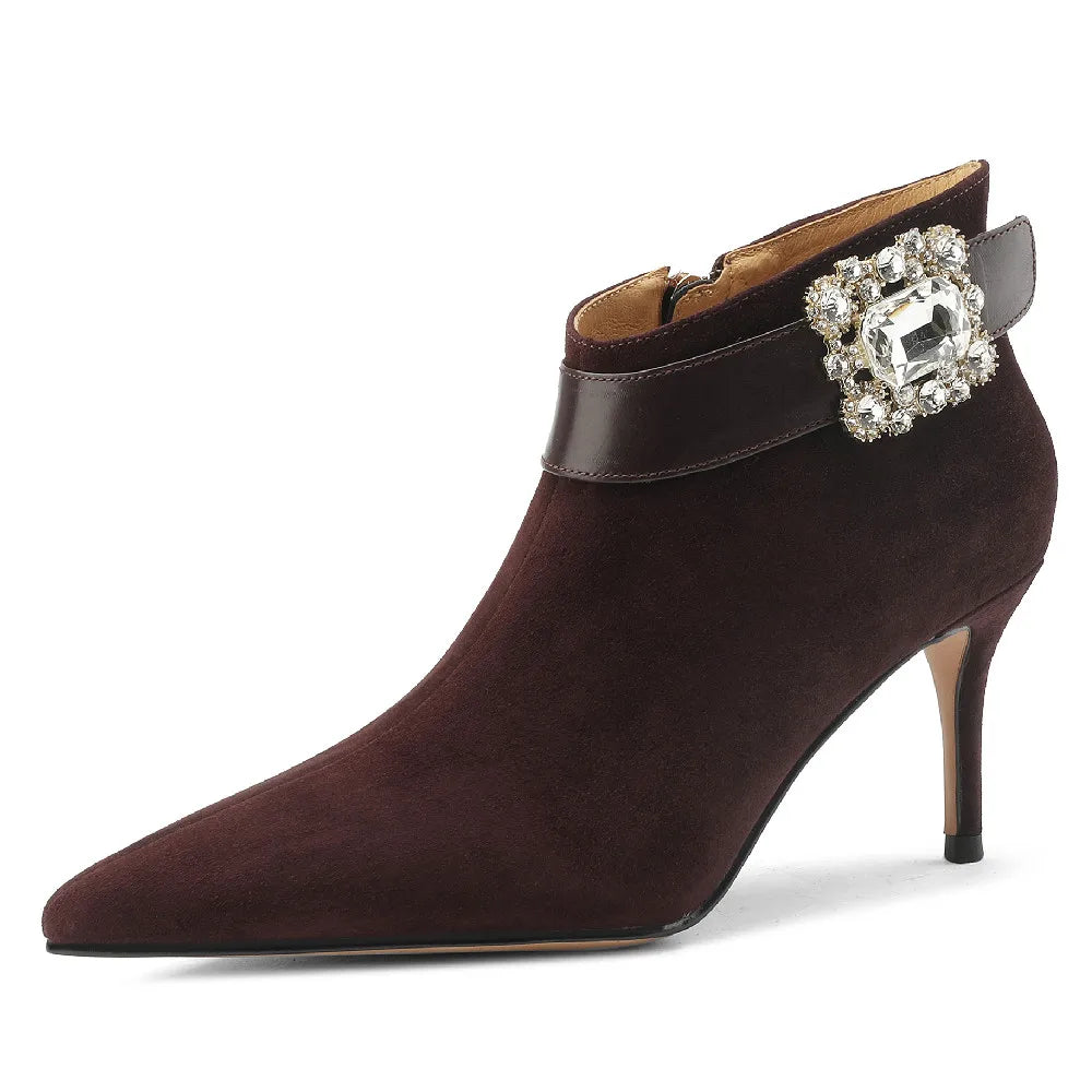 Elegant natural suede leather pointed toe side zip crystal buckle short ankle boots