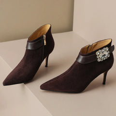 Elegant natural suede leather pointed toe side zip crystal buckle short ankle boots