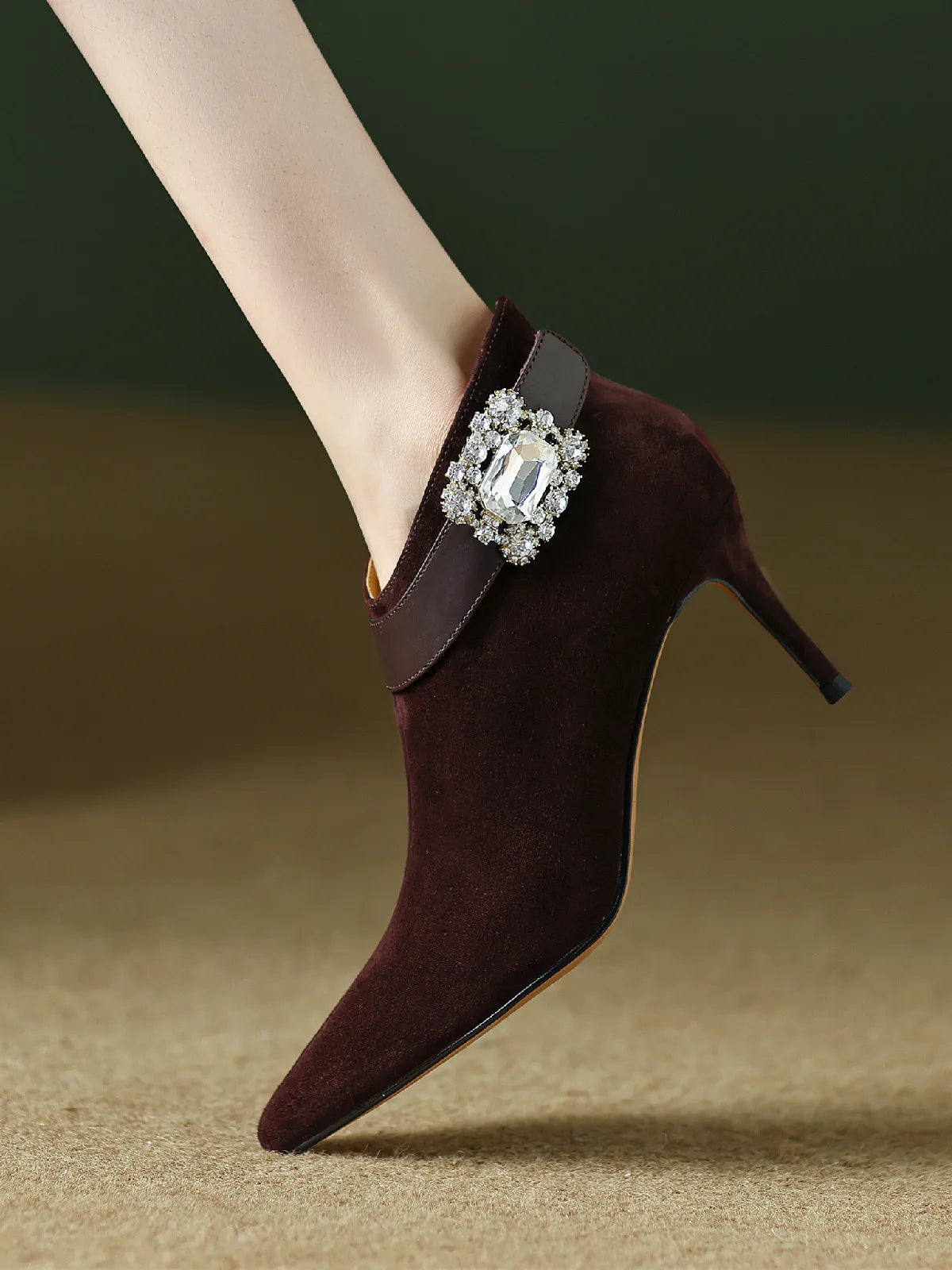 Elegant natural suede leather pointed toe side zip crystal buckle short ankle boots