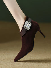 Elegant natural suede leather pointed toe side zip crystal buckle short ankle boots