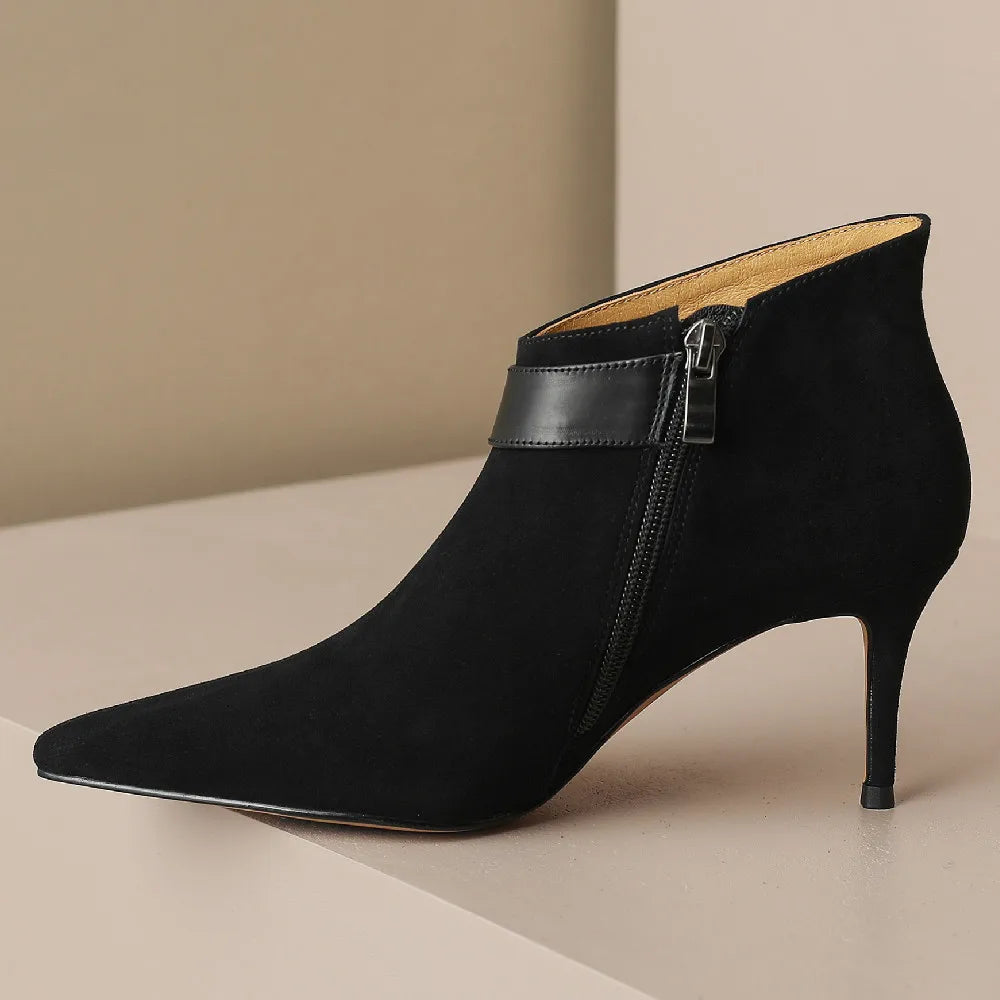 Elegant natural suede leather pointed toe side zip crystal buckle short ankle boots