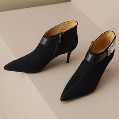 Elegant natural suede leather pointed toe side zip crystal buckle short ankle boots