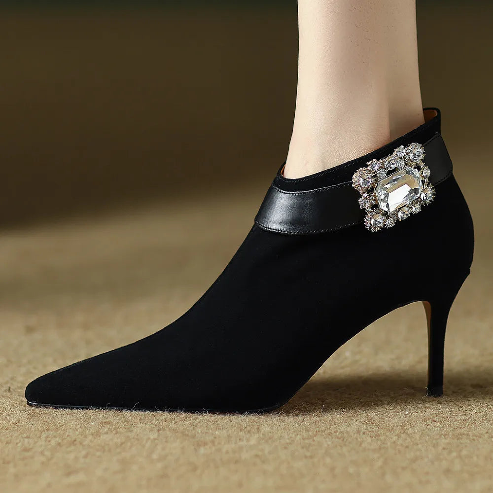 Elegant natural suede leather pointed toe side zip crystal buckle short ankle boots