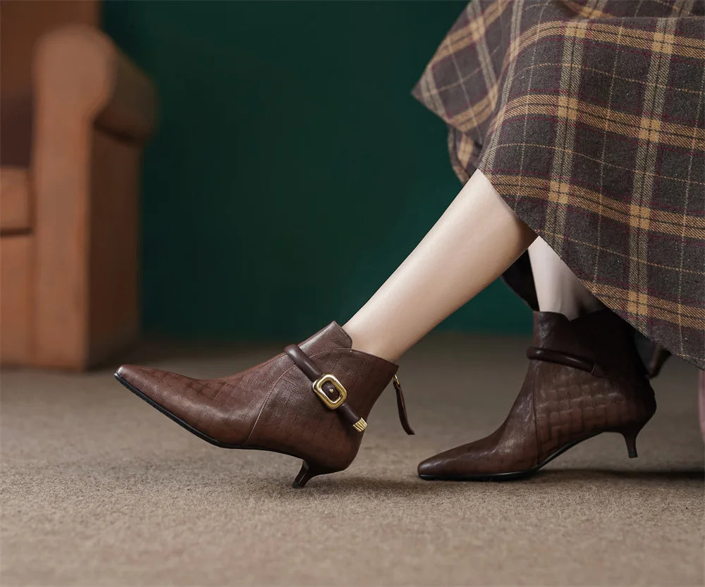 Elegant pointed toe metal buckle side zip short kitten heel booties dress shoes