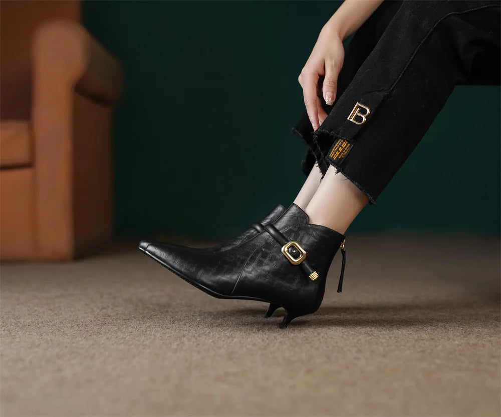 Elegant pointed toe metal buckle side zip short kitten heel booties dress shoes