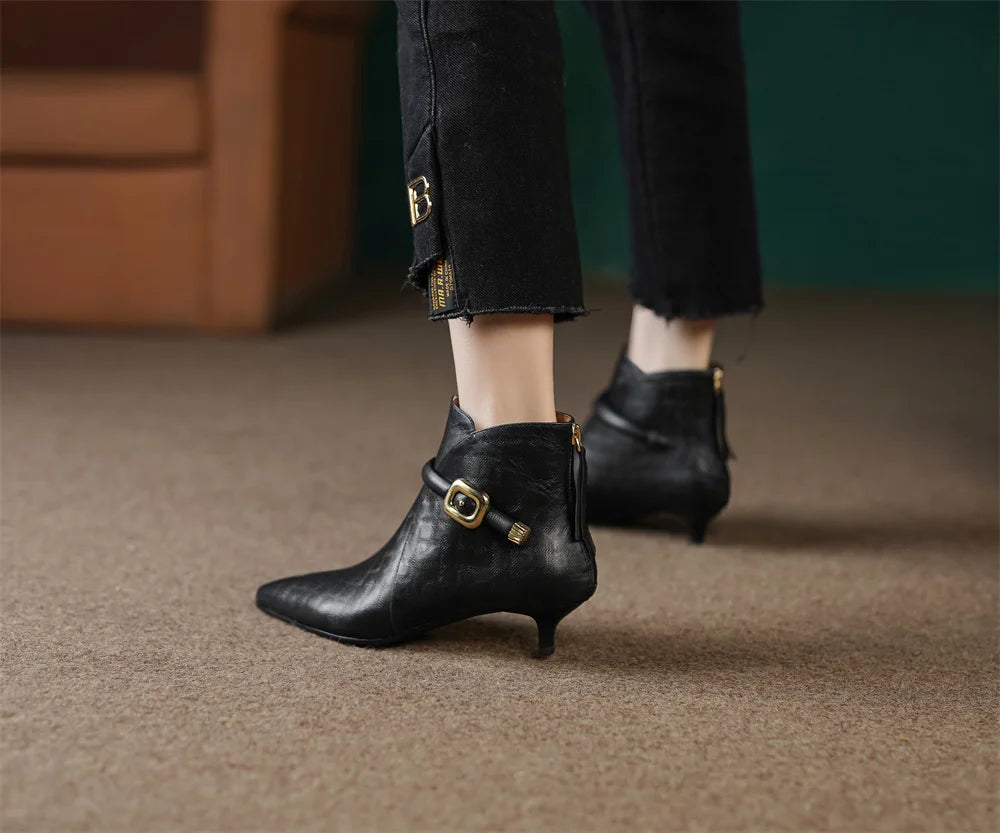 Elegant pointed toe metal buckle side zip short kitten heel booties dress shoes
