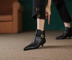 Elegant pointed toe metal buckle side zip short kitten heel booties dress shoes