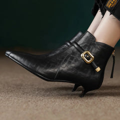 Elegant pointed toe metal buckle side zip short kitten heel booties dress shoes