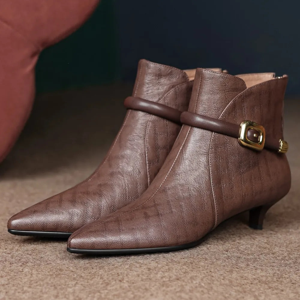 Elegant pointed toe metal buckle side zip short kitten heel booties dress shoes