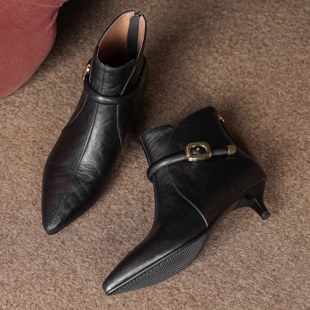 Elegant pointed toe metal buckle side zip short kitten heel booties dress shoes