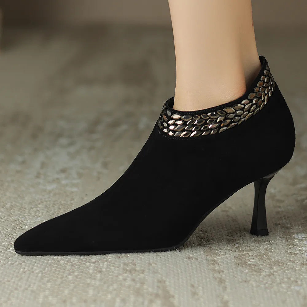 Elegant pointed toe side zip pumps natural suede leather evening dress heels