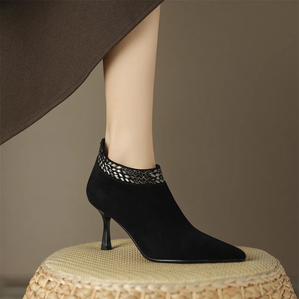 Elegant pointed toe side zip pumps natural suede leather evening dress heels