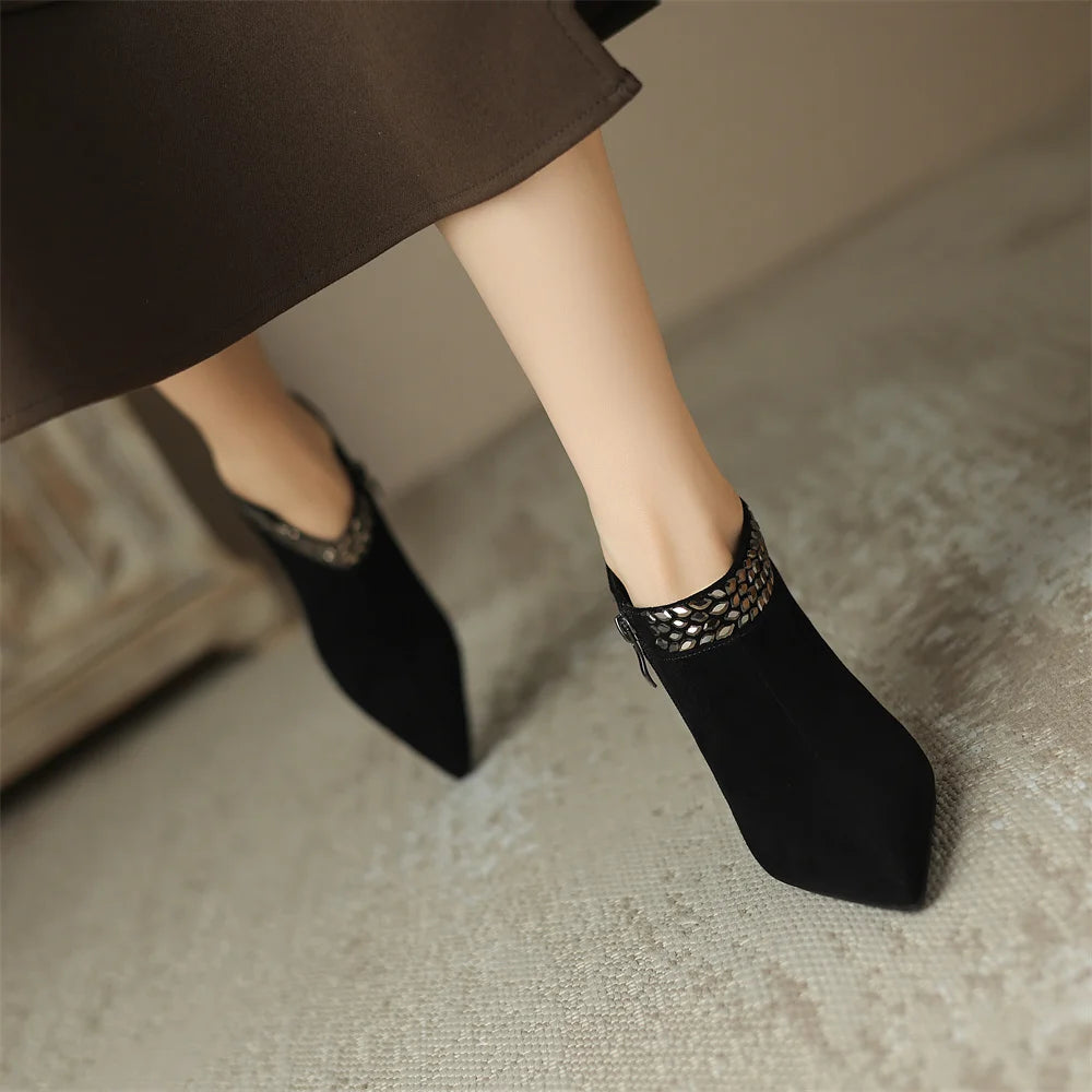 Elegant pointed toe side zip pumps natural suede leather evening dress heels