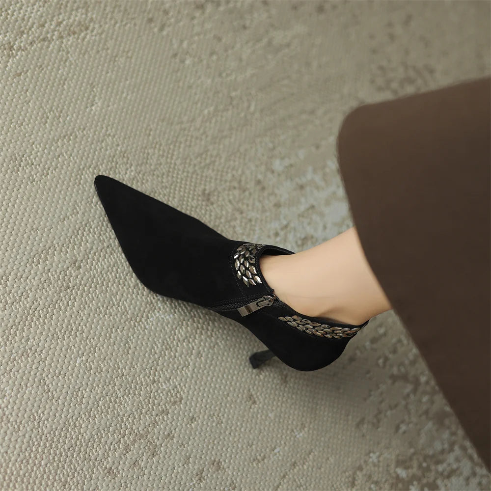 Elegant pointed toe side zip pumps natural suede leather evening dress heels