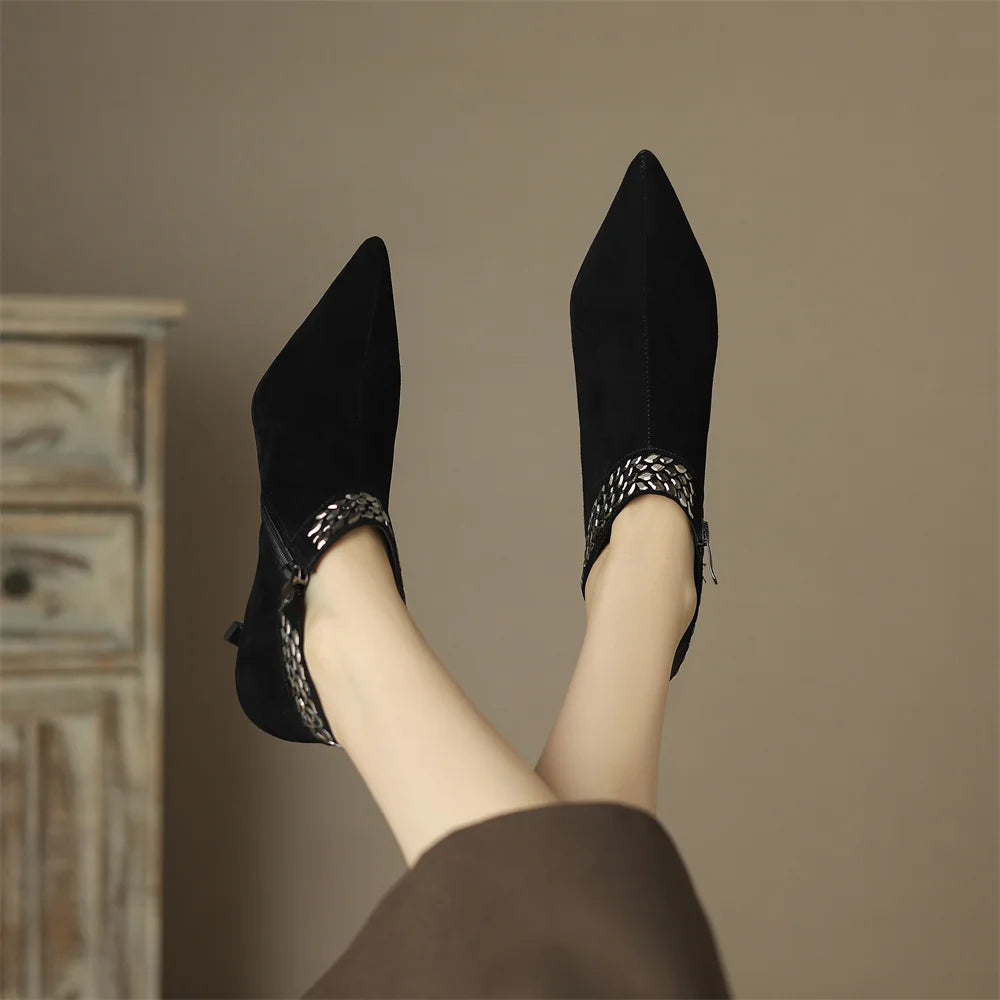 Elegant pointed toe side zip pumps natural suede leather evening dress heels