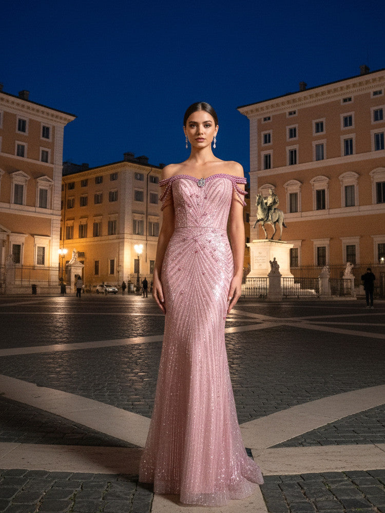 Embellished Bardot Sequin Maxi Dress Pink