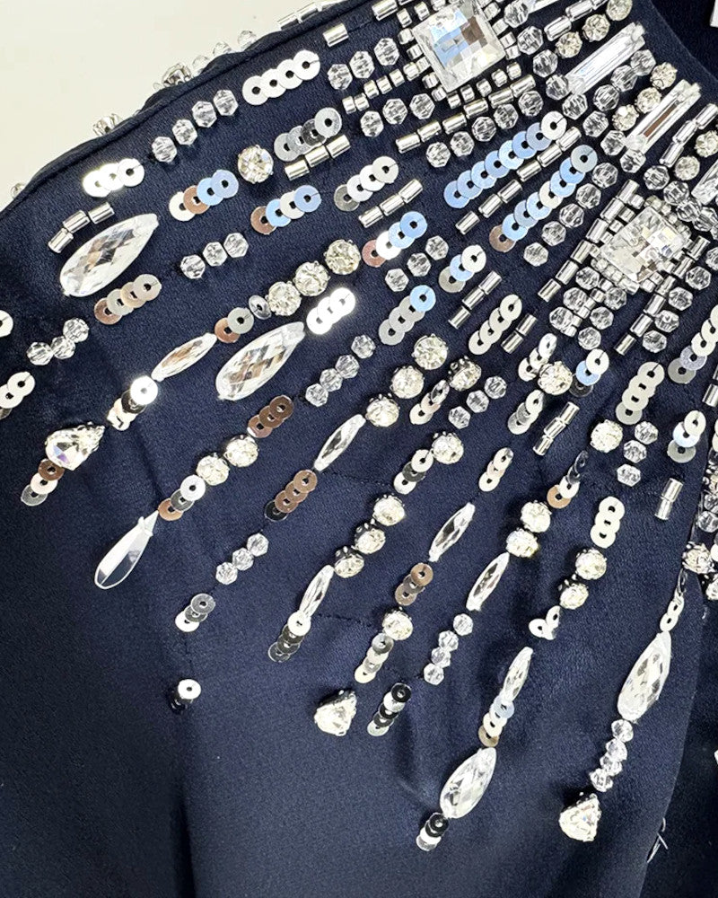 Embellished Cape Detail Maxi Dress Navy Blue