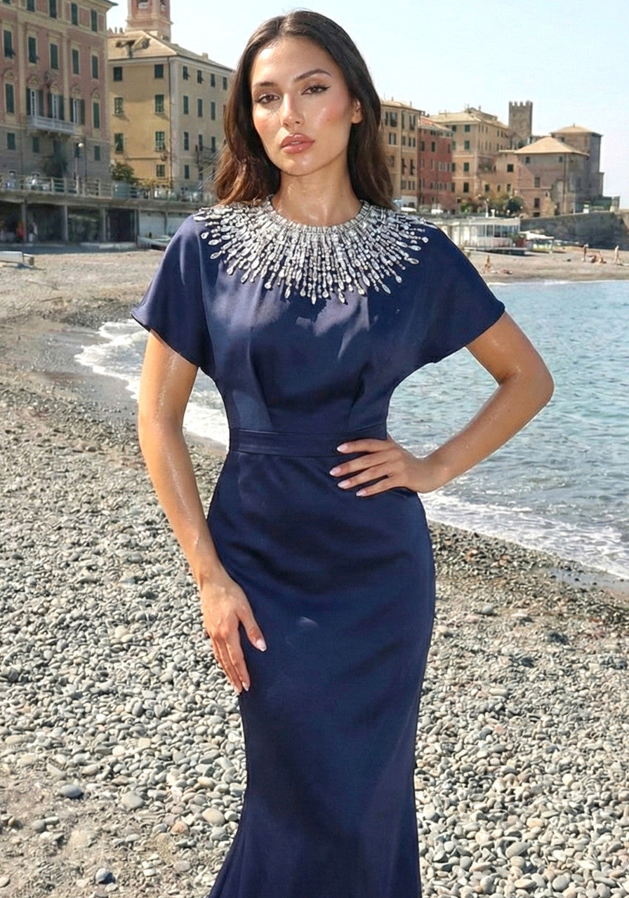 Embellished Cape Detail Maxi Dress Navy Blue