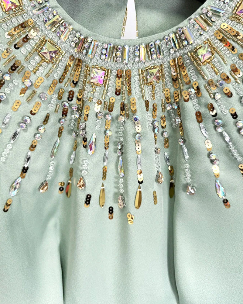 Embellished Cape Detail Maxi Dress Green
