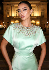 Embellished Cape Detail Maxi Dress Green
