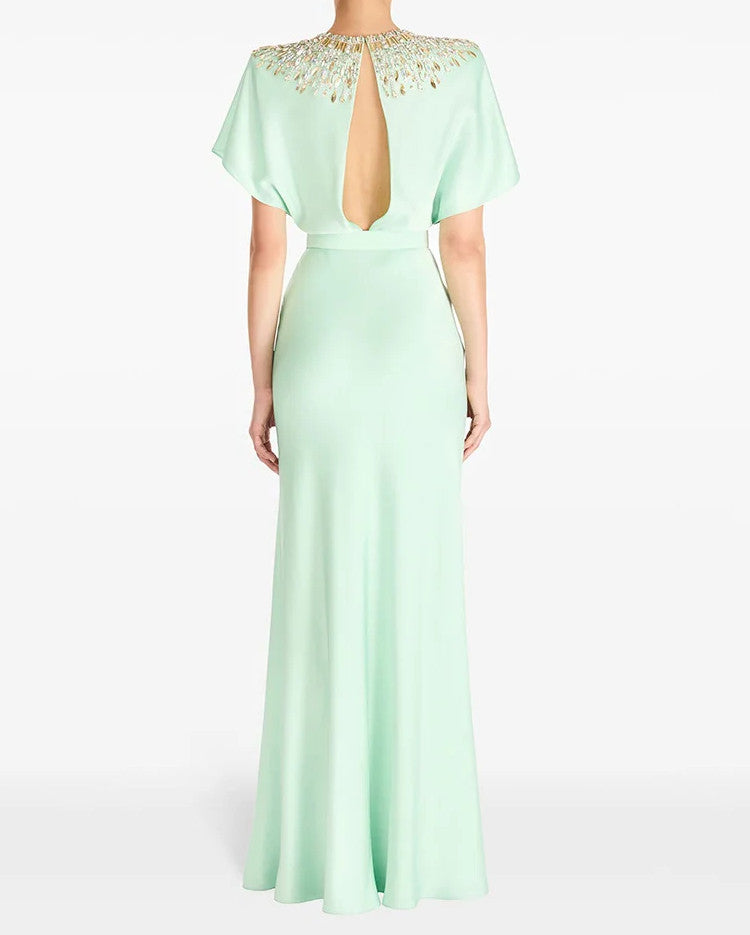 Embellished Cape Detail Maxi Dress Green