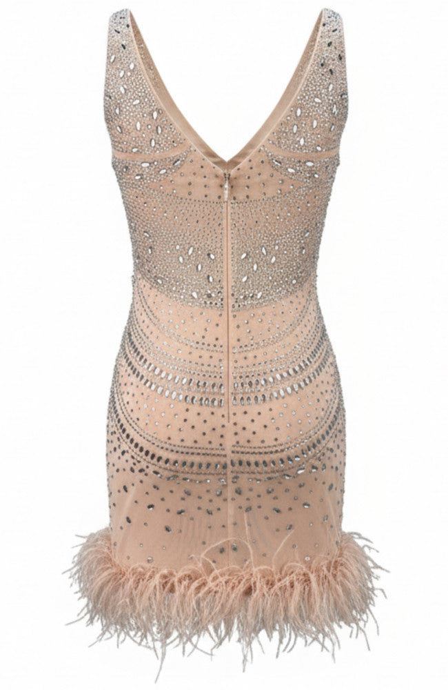 Embellished Feather Hem Dress Nude