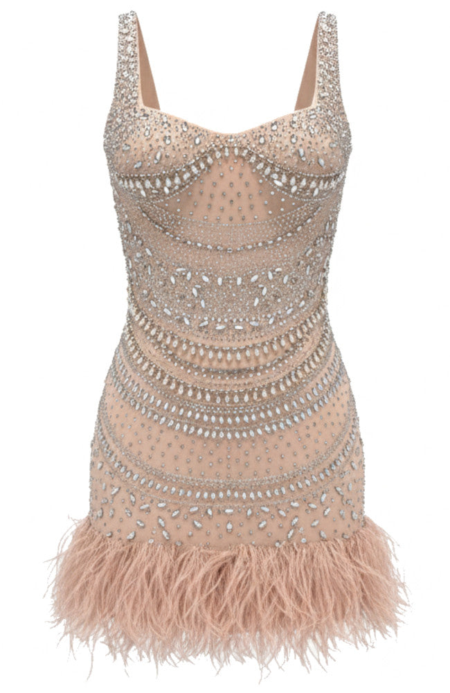 Embellished Feather Hem Dress Nude