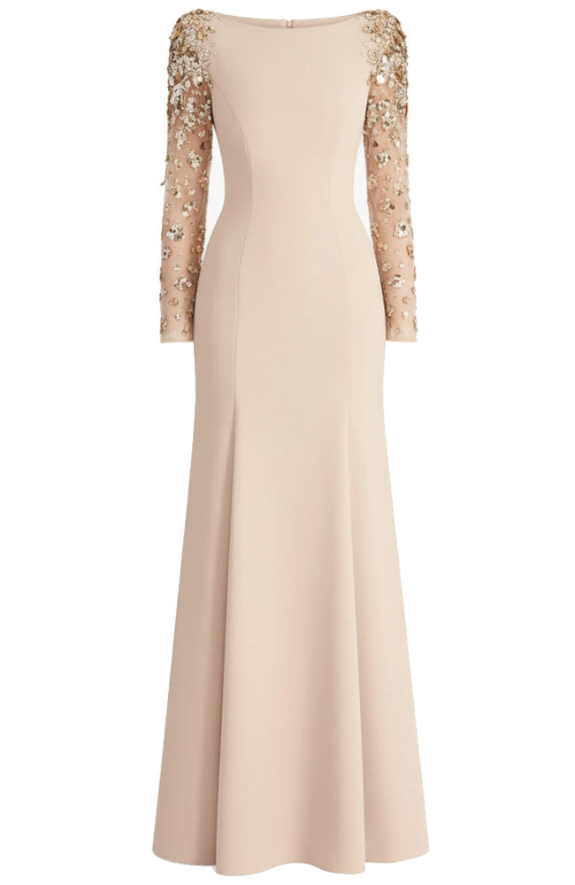 Embellished Long Sleeve Maxi Dress Nude