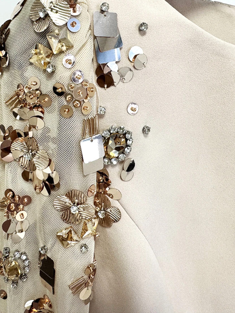 Embellished Long Sleeve Maxi Dress Nude