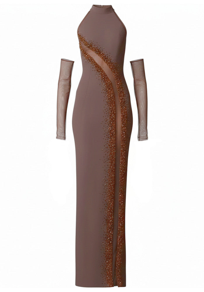 Embellished Mesh Insert Maxi Dress Brown