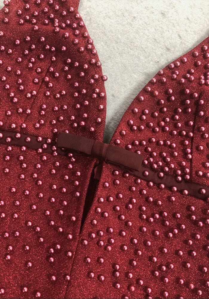 Embellished Plunge V Neck Maxi Dress Burgundy