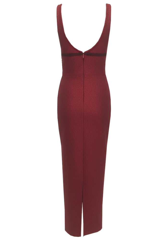 Embellished Plunge V Neck Maxi Dress Burgundy