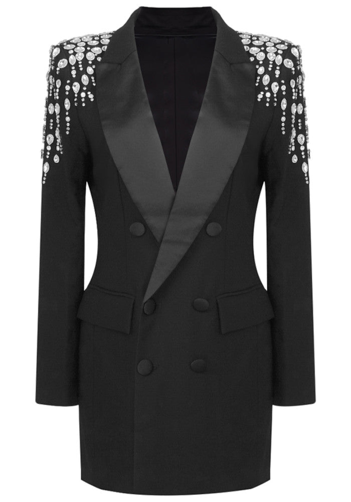 Embellished Shoulder Blazer Dress Black