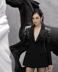Embellished Shoulder Blazer Dress Black