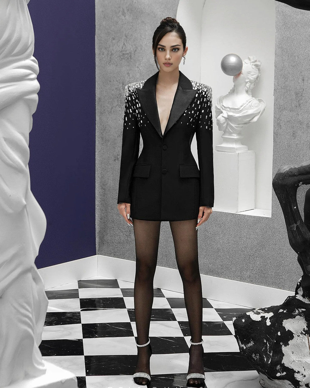 Embellished Shoulder Blazer Dress Black