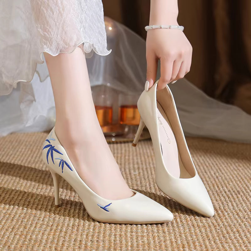 Embroidery Pointed Toe Stiletto Slip-On Pu Leather High Heels