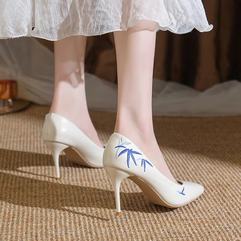 Embroidery Pointed Toe Stiletto Slip-On Pu Leather High Heels