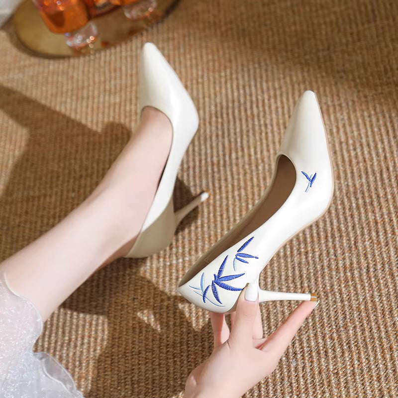 Embroidery Pointed Toe Stiletto Slip-On Pu Leather High Heels