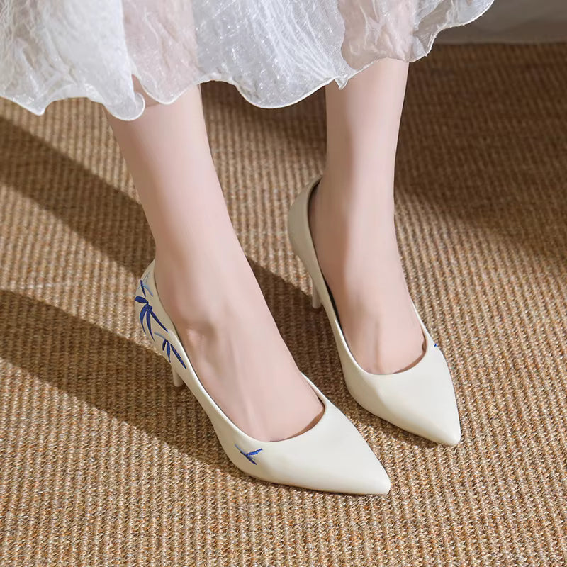 Embroidery Pointed Toe Stiletto Slip-On Pu Leather High Heels