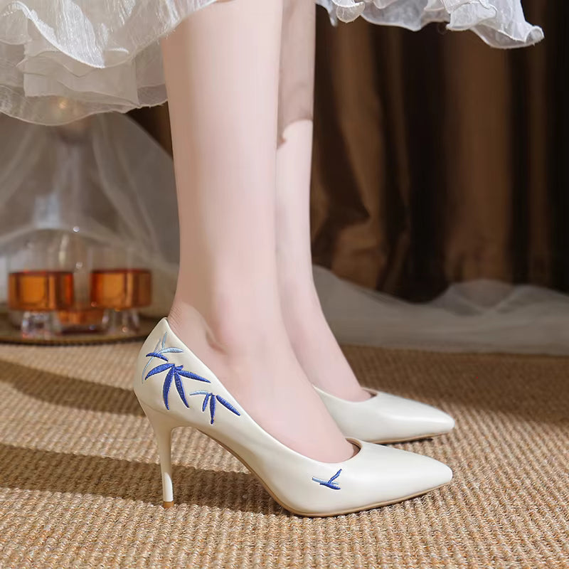 Embroidery Pointed Toe Stiletto Slip-On Pu Leather High Heels